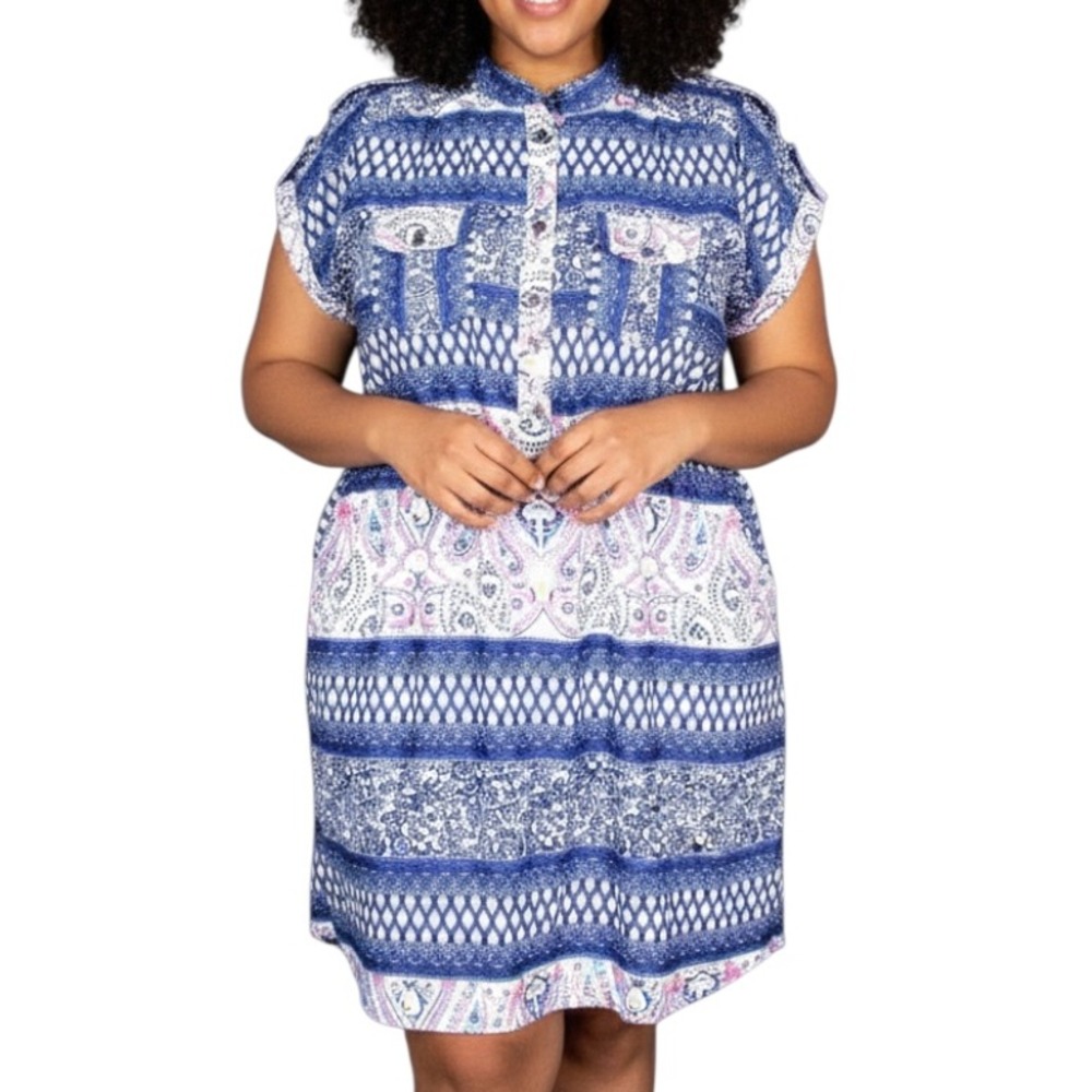 SPEED CONTROL Blouson Dress BLUE/MULTI Boho Floral SILKY Pockets 1/4 BTN. sz 3X